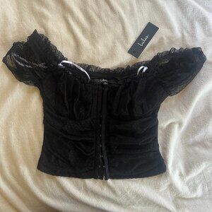 Lulu's, Black, Regal Radiance Black Mesh Bustier Crop Top